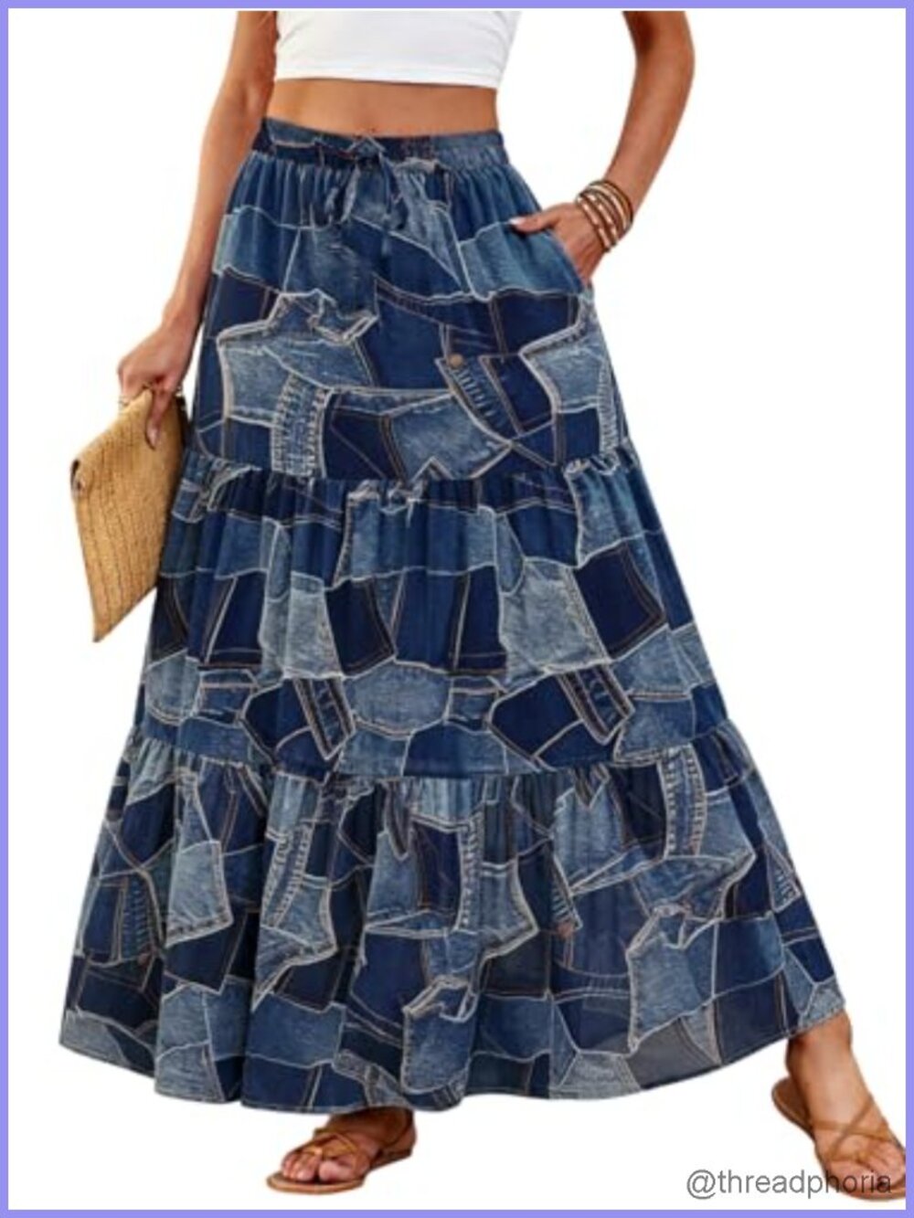 Womens Boho Maxi Skirt Chiffon Tiered A-Line Flowy with Pockets Summer Beach